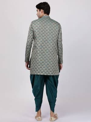 Green Plain Blended Cotton Sherwani 4