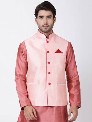 Pink Plain Blended Cotton Nehru Jacket 1