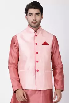 Pink Plain Blended Cotton Nehru Jacket