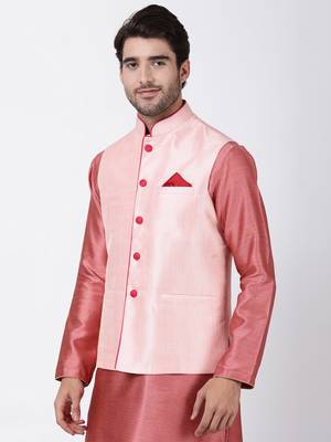 Pink Plain Blended Cotton Nehru Jacket 2