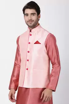 Pink Plain Blended Cotton Nehru Jacket