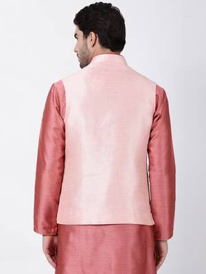 Pink Plain Blended Cotton Nehru Jacket 4
