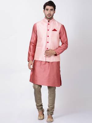 Pink Plain Blended Cotton Nehru Jacket 5