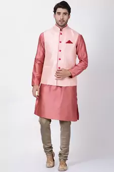 Pink Plain Blended Cotton Nehru Jacket
