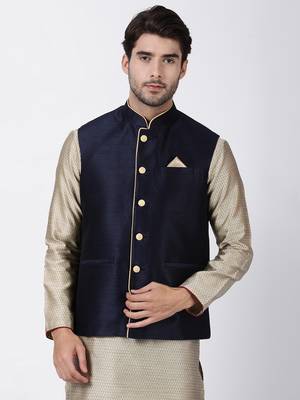 Blue Plain Blended Cotton Nehru Jacket 1