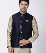 Blue Plain Blended Cotton Nehru Jacket