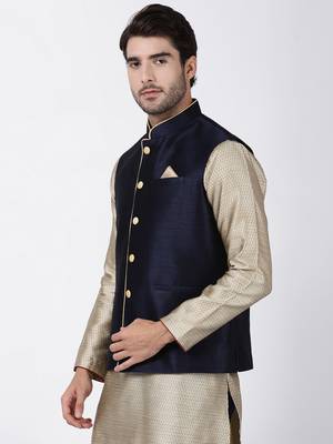 Blue Plain Blended Cotton Nehru Jacket 2