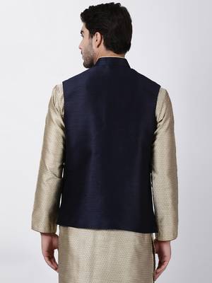 Blue Plain Blended Cotton Nehru Jacket 4
