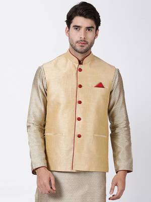 Beige Plain Blended Cotton Nehru Jacket 1