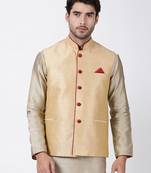 Beige Plain Blended Cotton Nehru Jacket