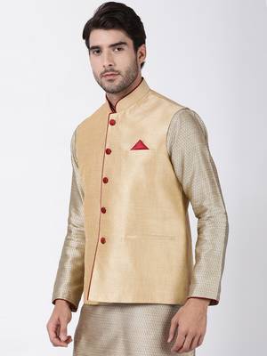 Beige Plain Blended Cotton Nehru Jacket 2