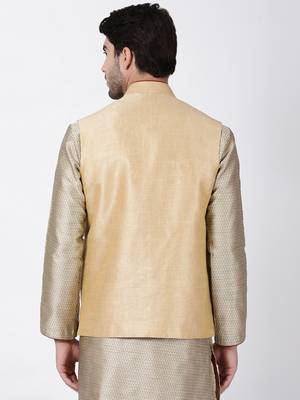 Beige Plain Blended Cotton Nehru Jacket 4