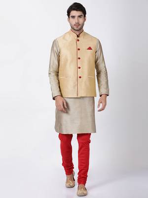 Beige Plain Blended Cotton Nehru Jacket 5