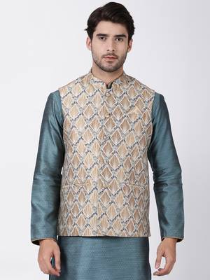 Gold Plain Blended Cotton Nehru Jacket 1