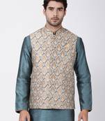 Gold Plain Blended Cotton Nehru Jacket
