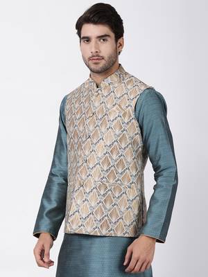 Gold Plain Blended Cotton Nehru Jacket 2