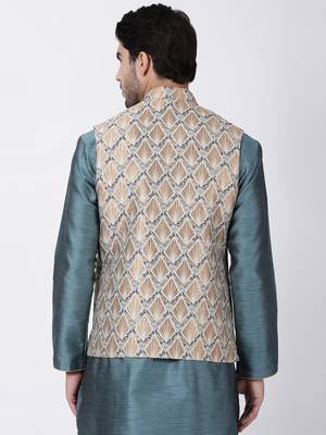 Gold Plain Blended Cotton Nehru Jacket 4