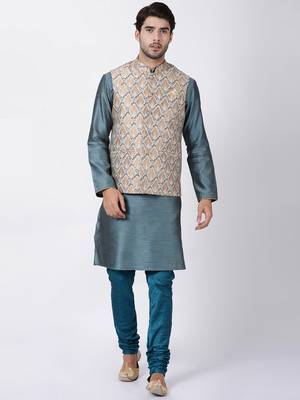 Gold Plain Blended Cotton Nehru Jacket 5