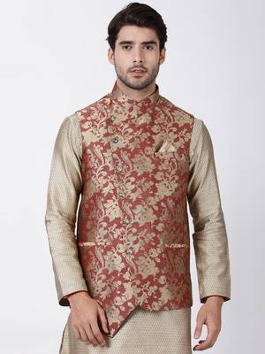 Maroon Plain Blended Cotton Nehru Jacket 1