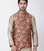Maroon Plain Blended Cotton Nehru Jacket