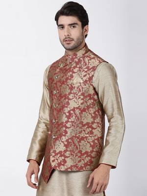 Maroon Plain Blended Cotton Nehru Jacket 2