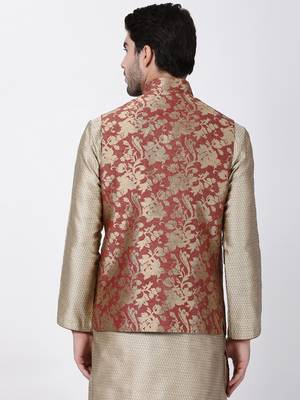 Maroon Plain Blended Cotton Nehru Jacket 4