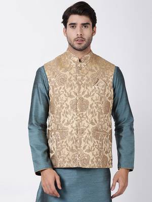 Beige Plain Blended Cotton Nehru Jacket 1