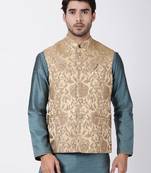 Beige Plain Blended Cotton Nehru Jacket