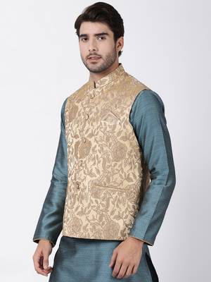 Beige Plain Blended Cotton Nehru Jacket 2