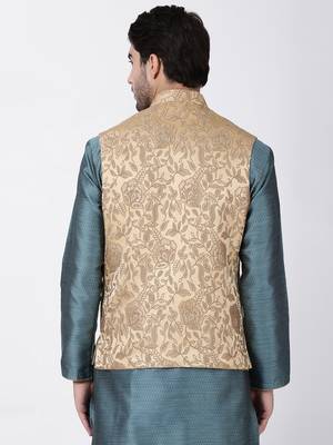 Beige Plain Blended Cotton Nehru Jacket 4