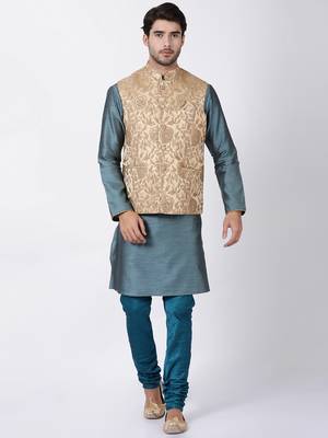 Beige Plain Blended Cotton Nehru Jacket 5
