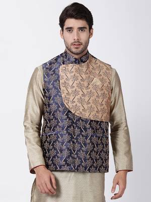 Blue Plain Blended Cotton Nehru Jacket 1
