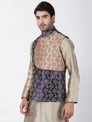 Blue Plain Blended Cotton Nehru Jacket 2