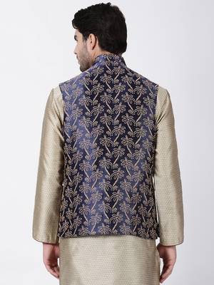 Blue Plain Blended Cotton Nehru Jacket 4
