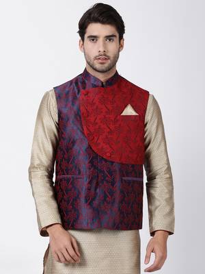 Blue Plain Blended Cotton Nehru Jacket 1