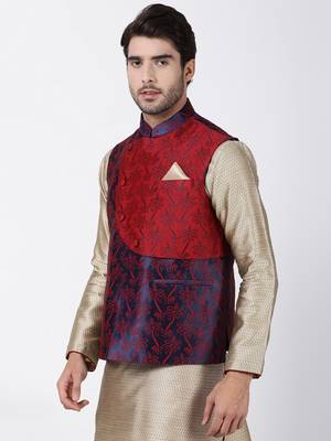 Blue Plain Blended Cotton Nehru Jacket 2