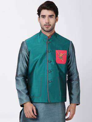 Green Plain Blended Cotton Nehru Jacket 1
