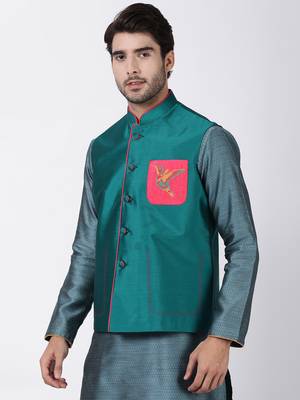 Green Plain Blended Cotton Nehru Jacket 2
