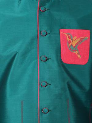 Green Plain Blended Cotton Nehru Jacket 3