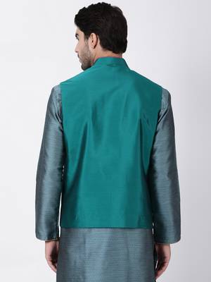 Green Plain Blended Cotton Nehru Jacket 4