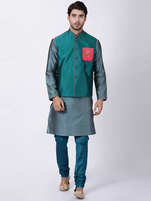 Green Plain Blended Cotton Nehru Jacket 5