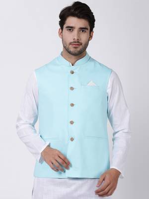 Blue Plain Cotton Nehru Jacket 1