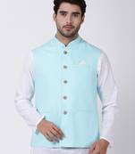 Blue Plain Cotton Nehru Jacket