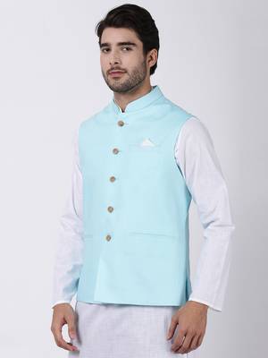 Blue Plain Cotton Nehru Jacket 2