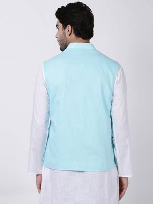 Blue Plain Cotton Nehru Jacket 4