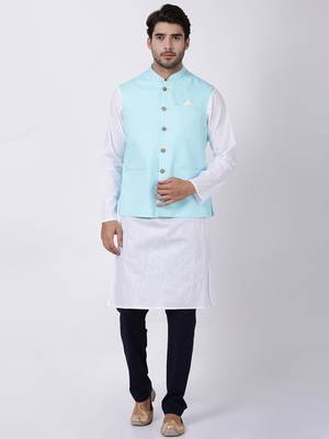Blue Plain Cotton Nehru Jacket 5