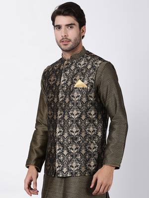 Black Plain Blended Cotton Nehru-Jacket 2