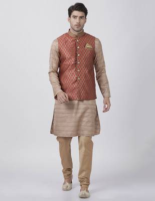 Gold Plain Blended Cotton Kurta Pajama 1