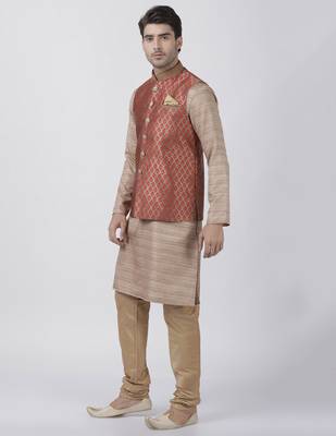 Gold Plain Blended Cotton Kurta Pajama 2