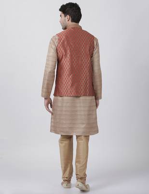 Gold Plain Blended Cotton Kurta Pajama 4